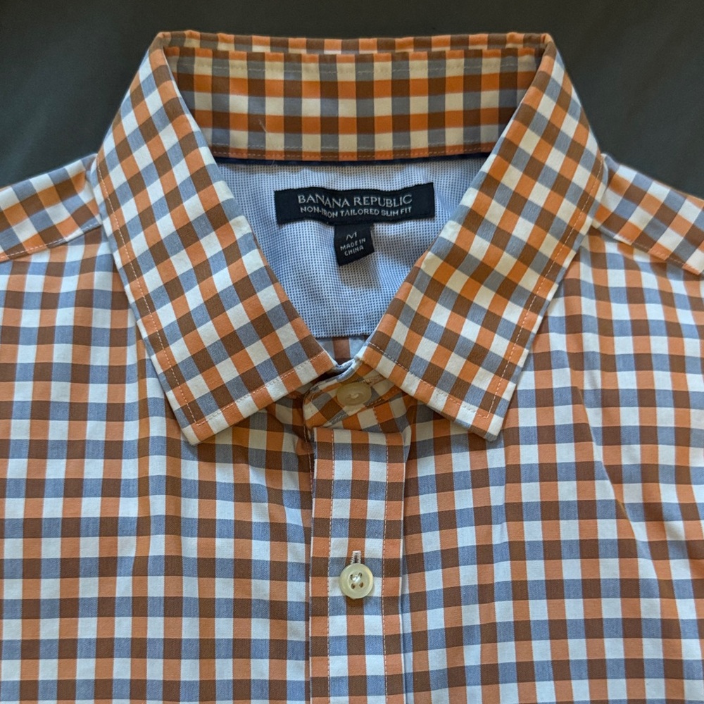 Banana Republic Men's Orange and White Plaid Shirt